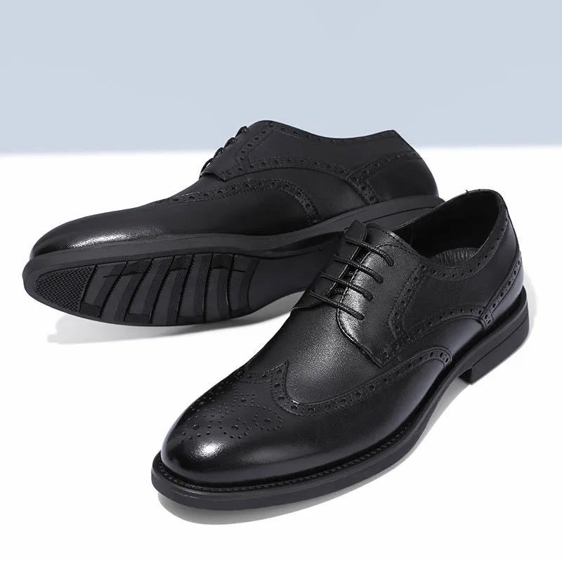 Men's black and brown brogue business shoes with a PU leather upper on a white background.