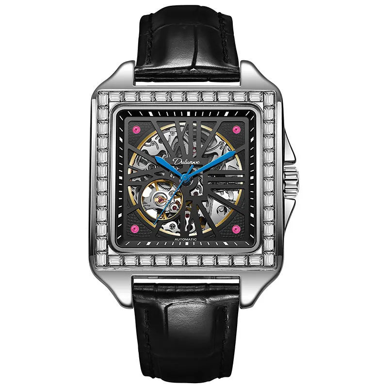 Men's square-faced automatic watch with diamond studs on a black steel bracelet, model 6066A.