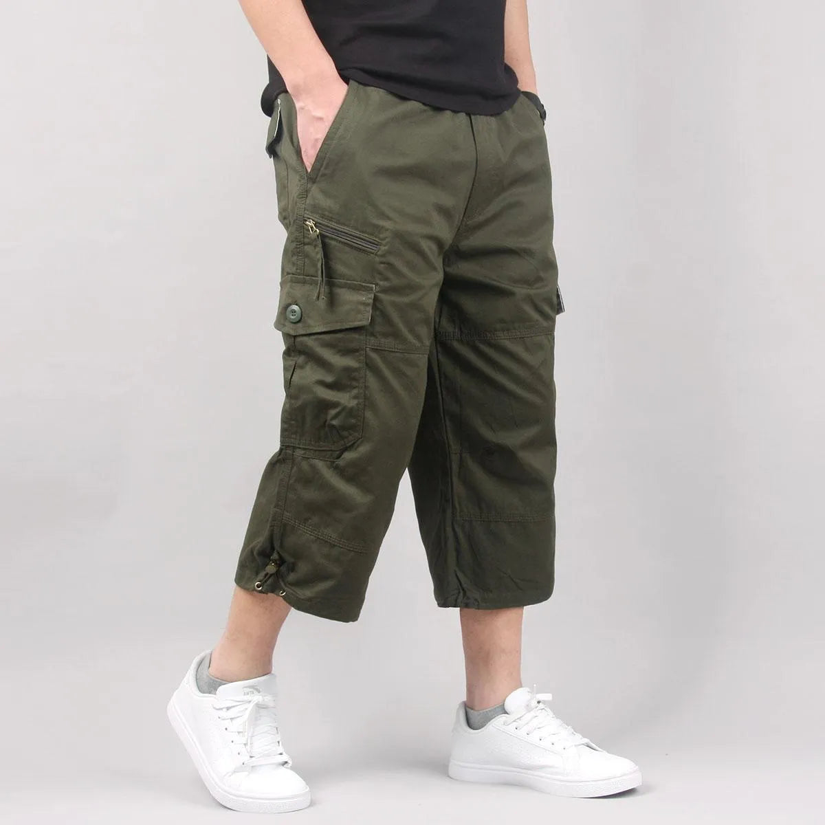 Men's cotton cropped casual pants in loose fit showing khaki colour option with sports styling