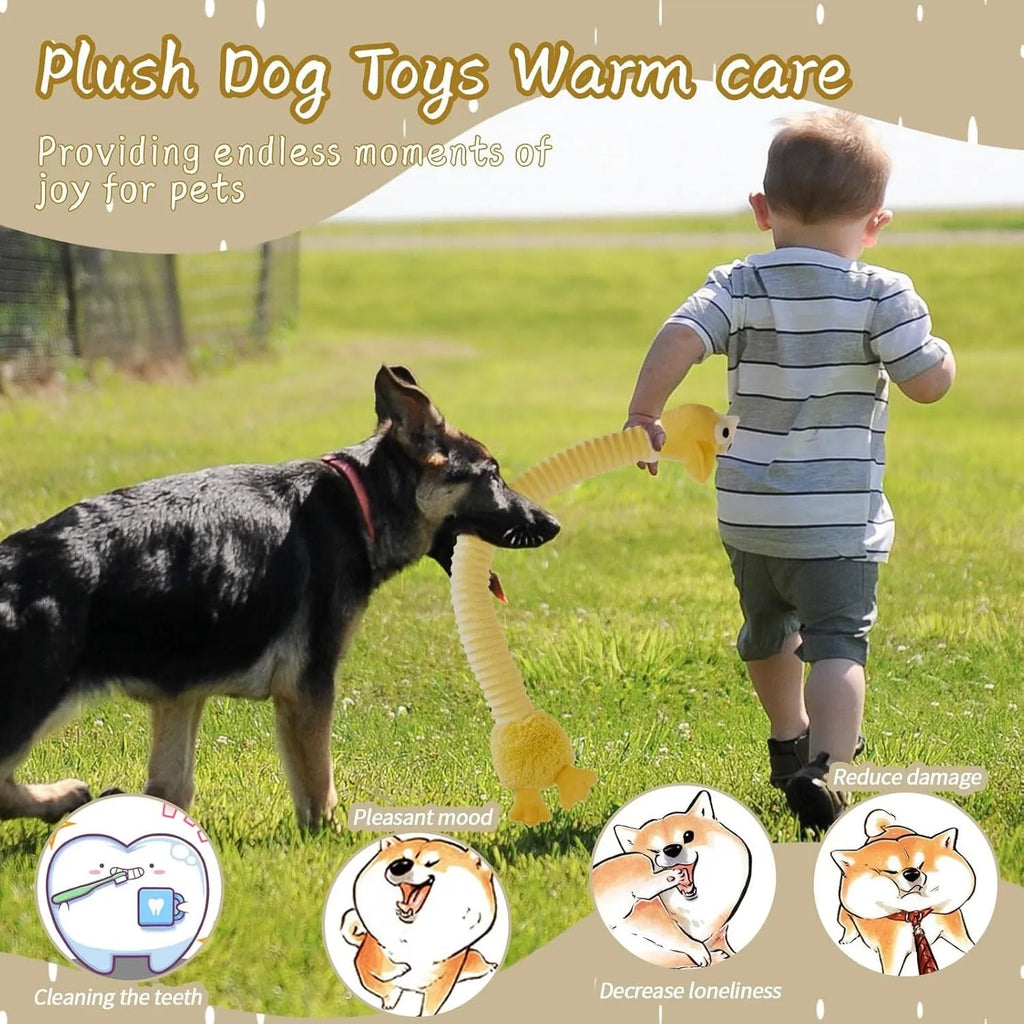 Plush stuffed squeaky dog toy with crinkle material in brown, grey and yellow colours for teething and play