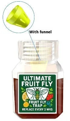 Bottle of fruit fly bait liquid with optional funnel component on a kitchen worktop.