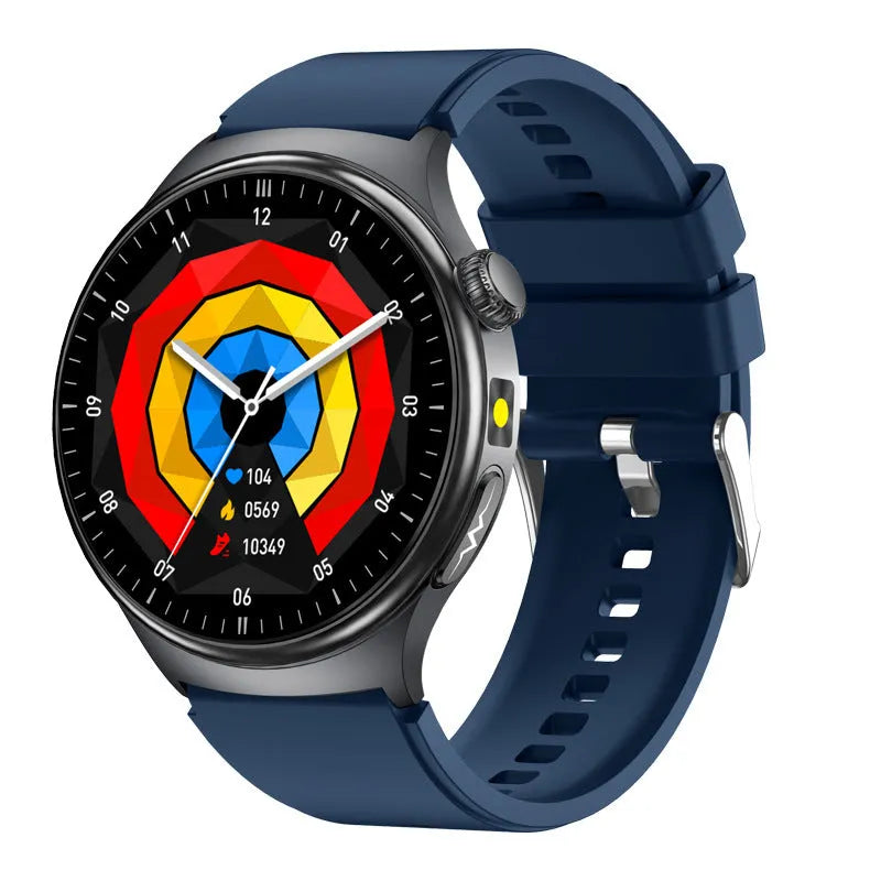 TK27 Bluetooth smart bracelet with black strap and 1.43 inch screen displaying health metrics, IP68 waterproof alloy metal shell