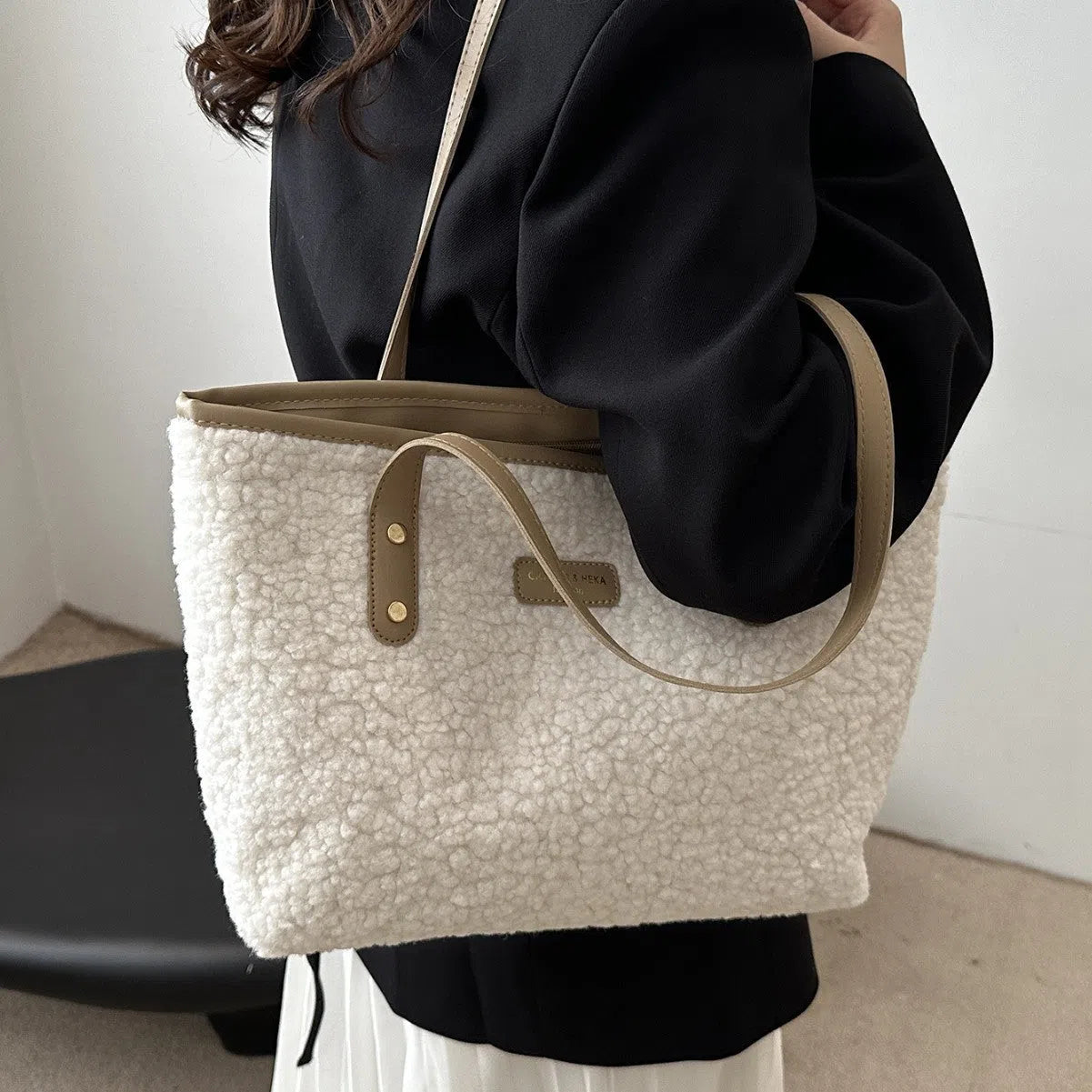 Cotton colour block bucket bag with phone pocket in beige colour option