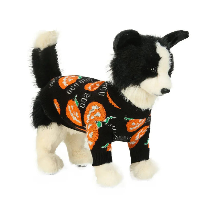 Black dog sweater with orange pumpkin pattern for Halloween pet costumes