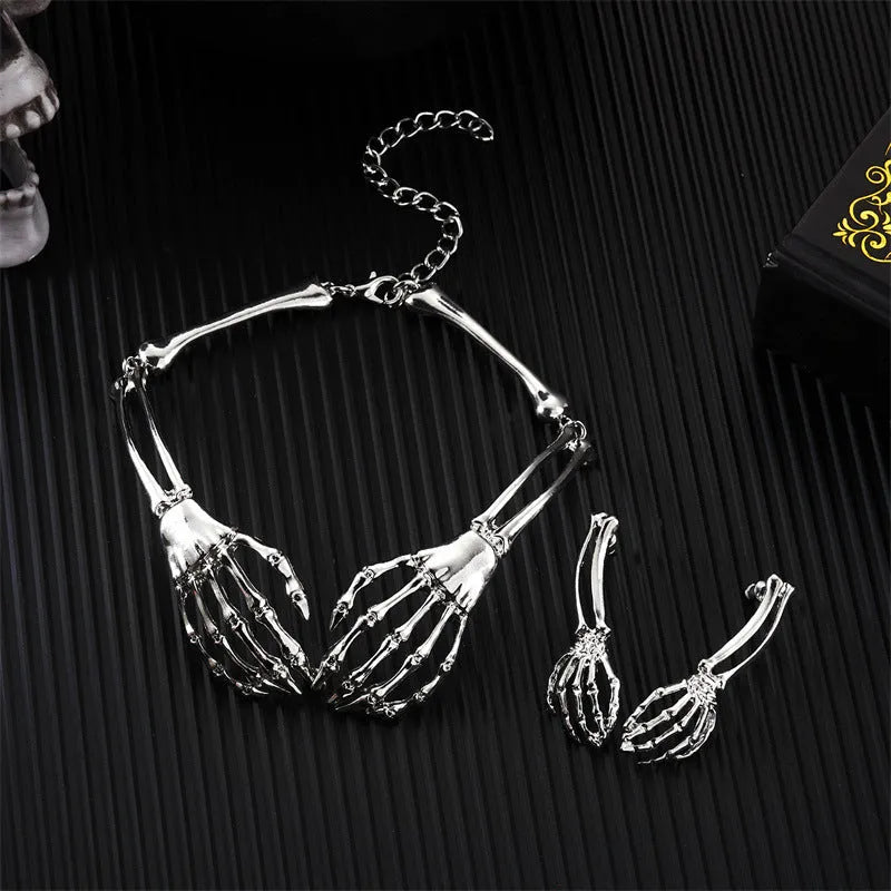 Dark style skull and ghost hand necklace and earring set in alloy with adjustable chain