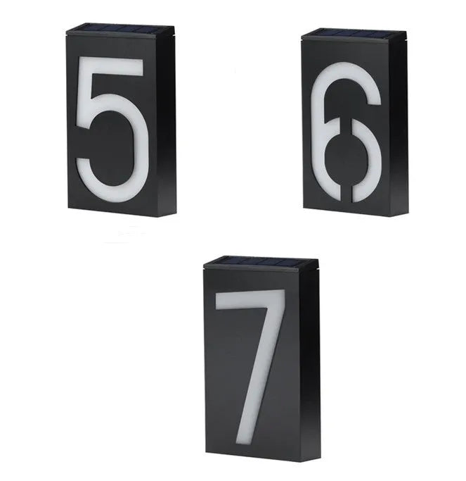 Solar powered outdoor house number light with white LEDs and waterproof ABS housing
