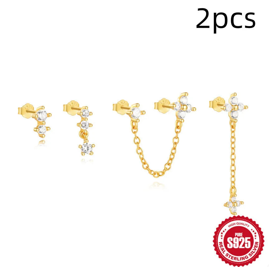 S925 sterling silver earrings with geometric clover petal design and electroplated gold finish
