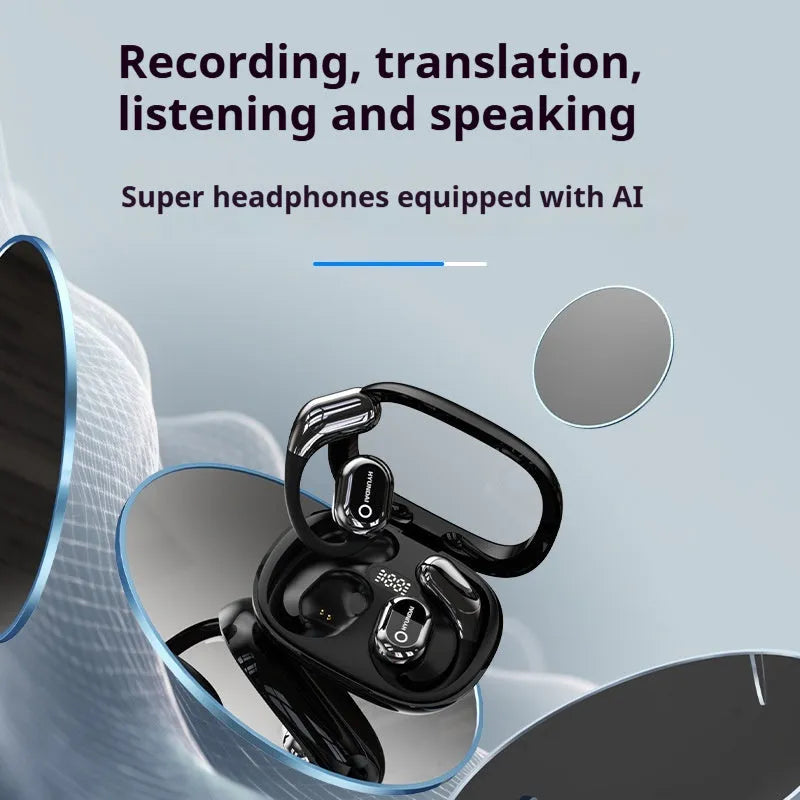 Black Bluetooth noise reduction headset with AI interpretation, ear hook design, and touch controls