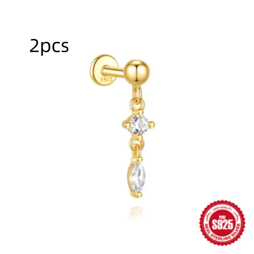 Geometric water drop shaped S925 sterling silver earrings with a flat spiral puncture back, in a gold electroplated finish.