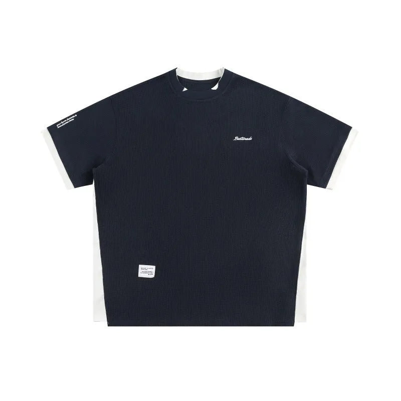 Loose fit waffle texture T-shirt with retro alphabet embroidery in navy blue colour