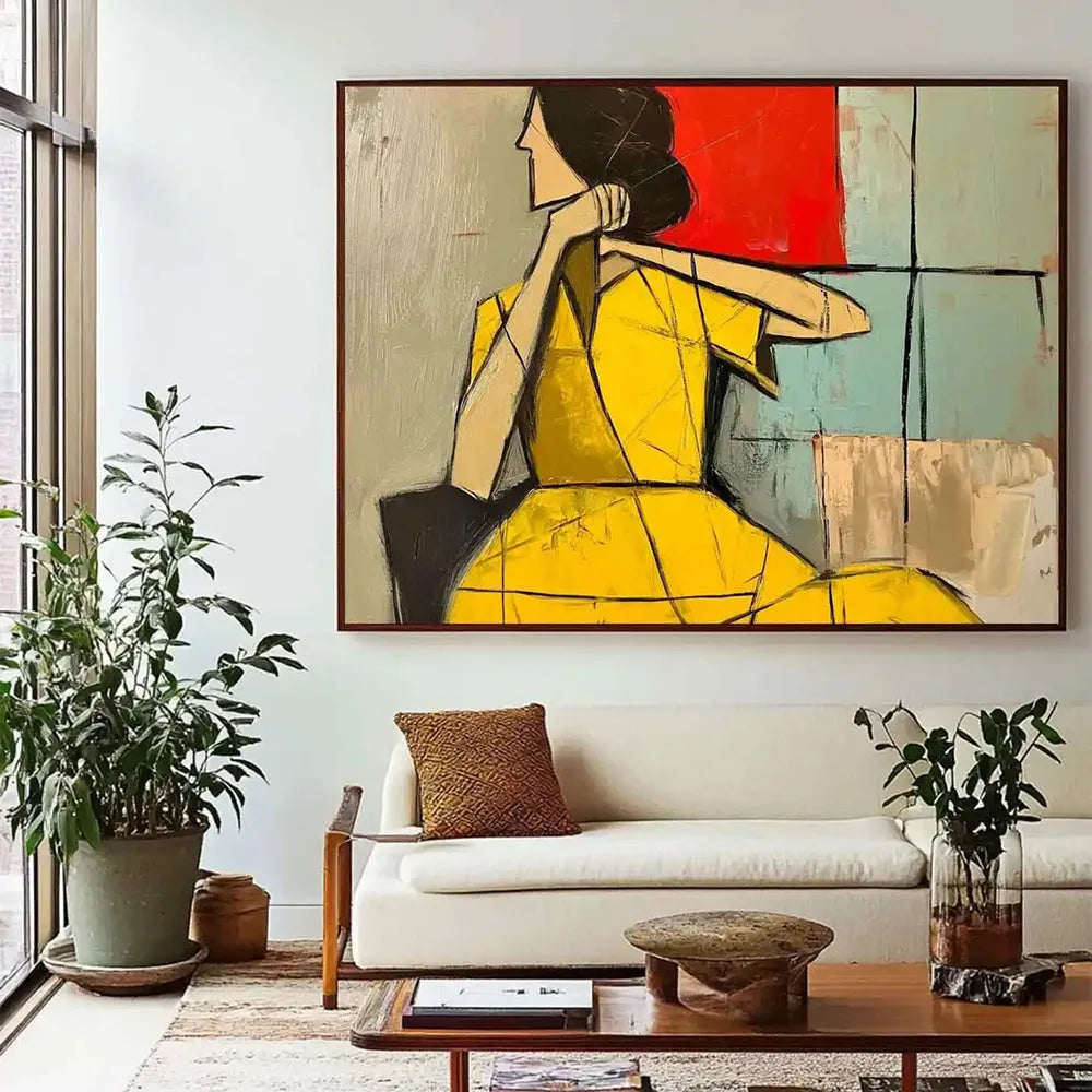 Handmade oil painting abstract woman vertical canvas brown green texture wabi sabi wall art