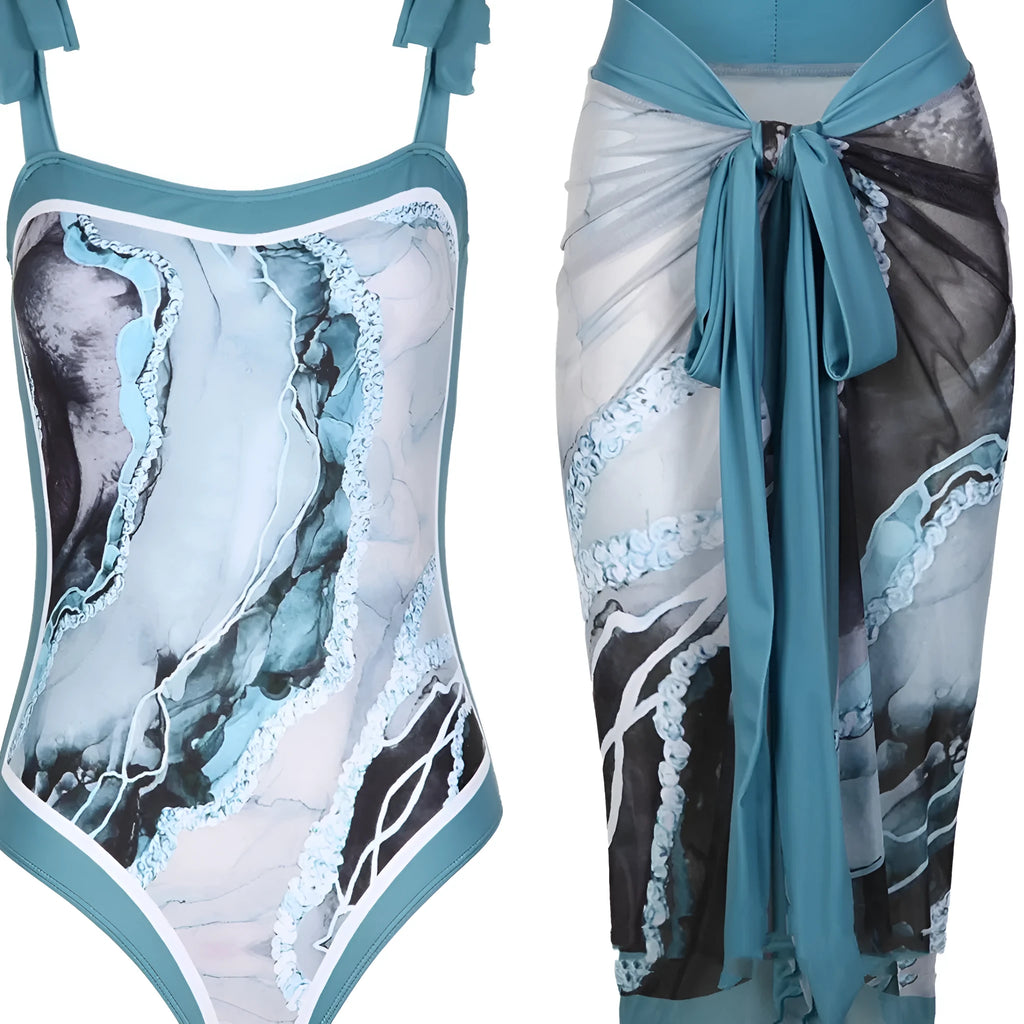 Women's polyester one-piece swimsuit two-piece set in picture colour, sleeveless briefs style, sizes S to XXL