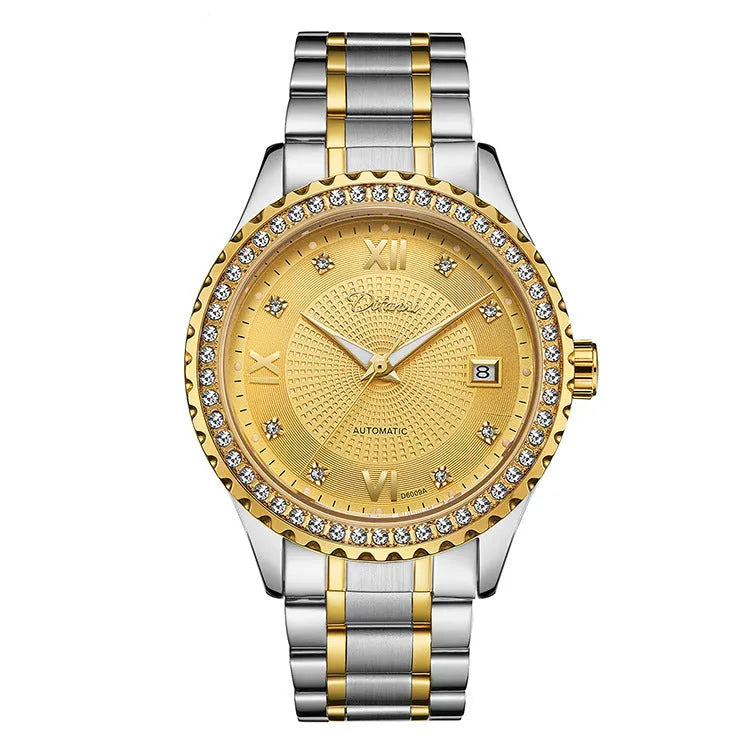Men's gold and silver automatic mechanical watch with luminous hands on black and white dials.
