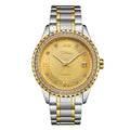 Men's gold and silver automatic mechanical watch with luminous hands on black and white dials.