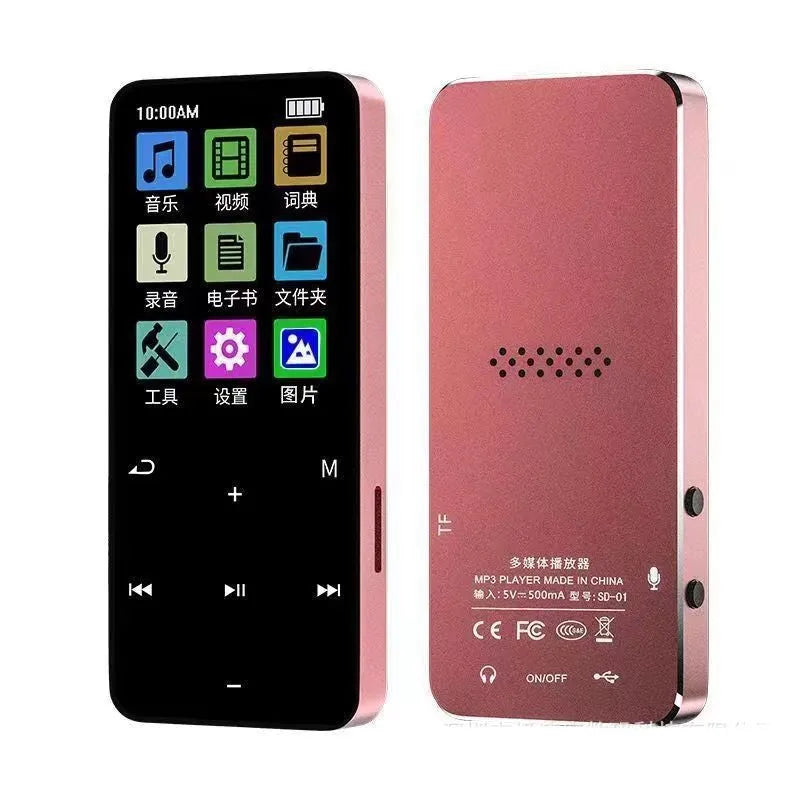 Black metal shell Bluetooth MP3 player with 1.8 inch screen, touch buttons, talking dictionary, and USB 2.0