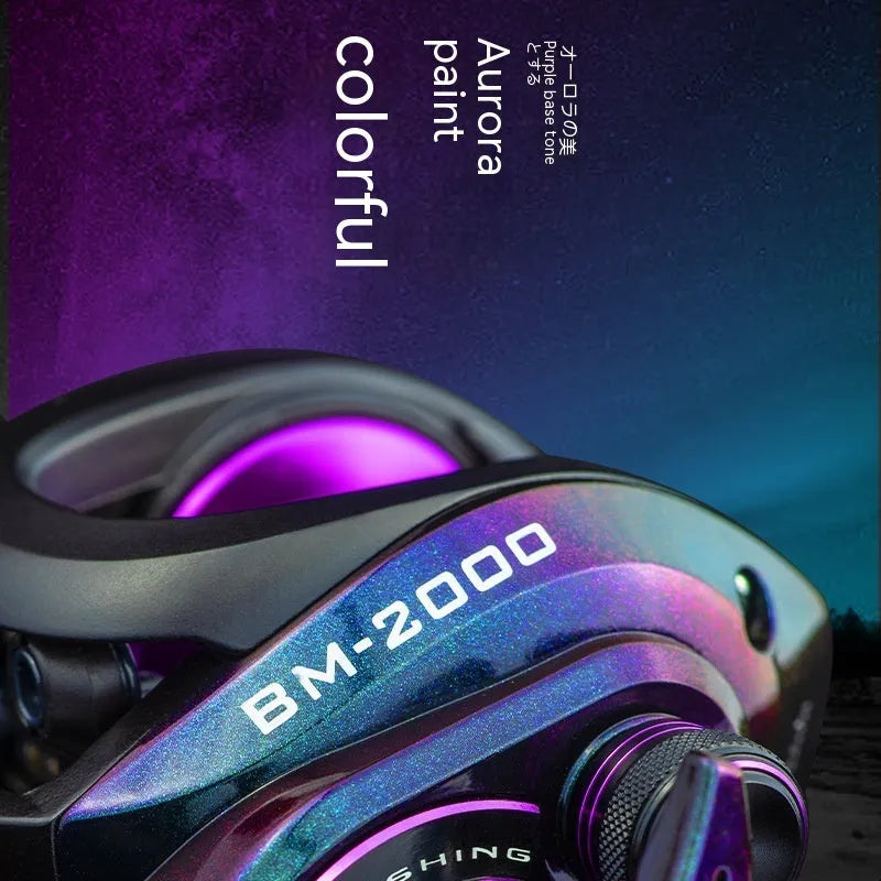 BM2000 water drop shaped fishing reel with magnetic brake, shown for left and right-hand models.