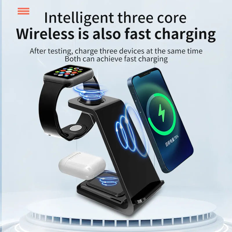 White 3-in-1 wireless charging stand holding a mobile phone, smartwatch, and earbuds on a wooden desk.