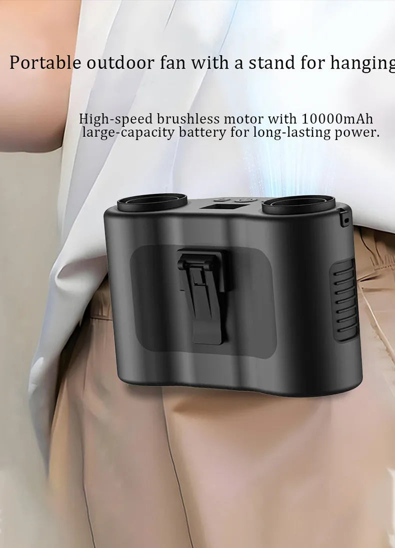 Black waist-hung personal fan with neck lanyard attached, showing the five-blade turbine and top control button.