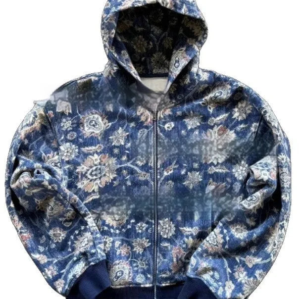 Men's hooded loose zip coat in red or blue polyester fibre with comprehensive size chart