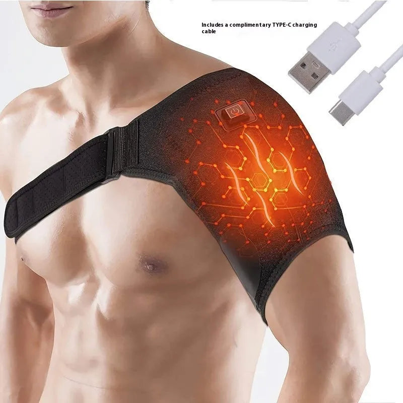 USB electric heating shoulder pad with adjustable elastic strap, plugged into a power bank.