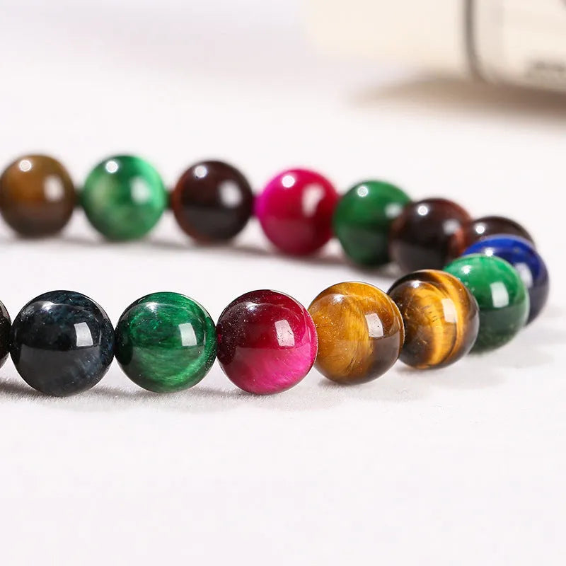 Colourful Tiger Eye bracelet showing mixed 6mm 8mm 10mm 12mm bead sizes on string
