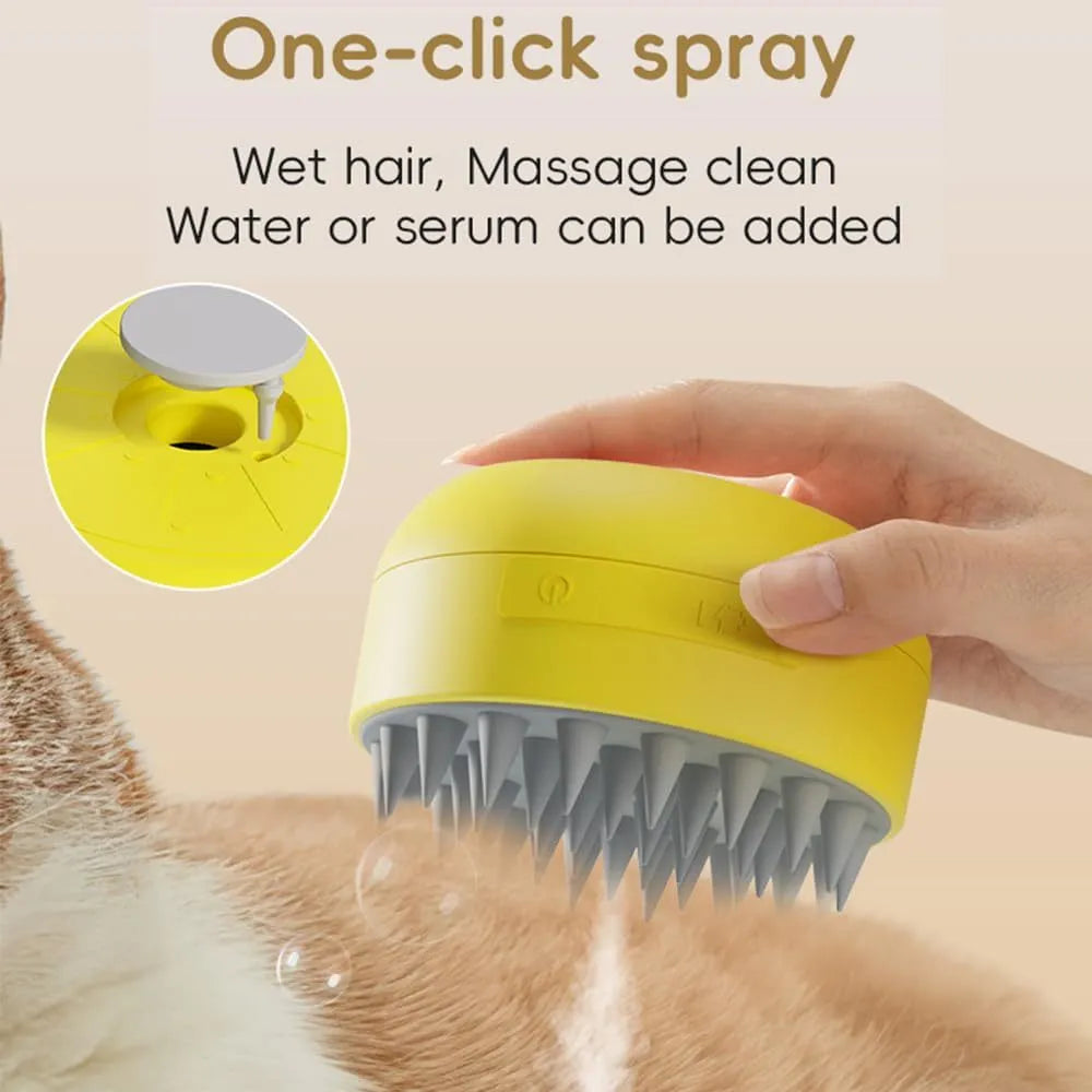 Green and yellow rechargeable 3-in-1 silicone steam brush for grooming cats and dogs.
