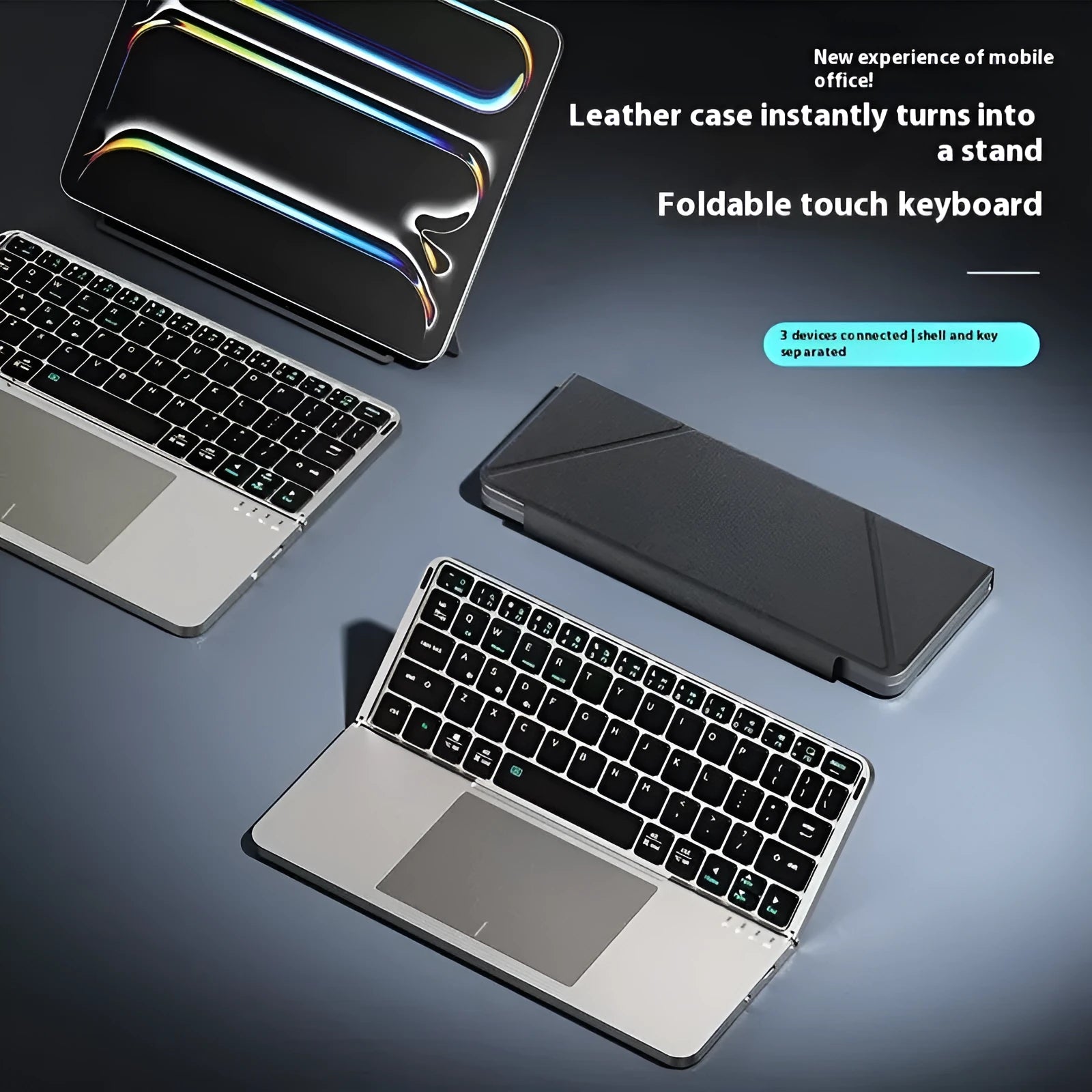 Grey wireless Bluetooth folding keyboard with phone slot open showing mobile device placement