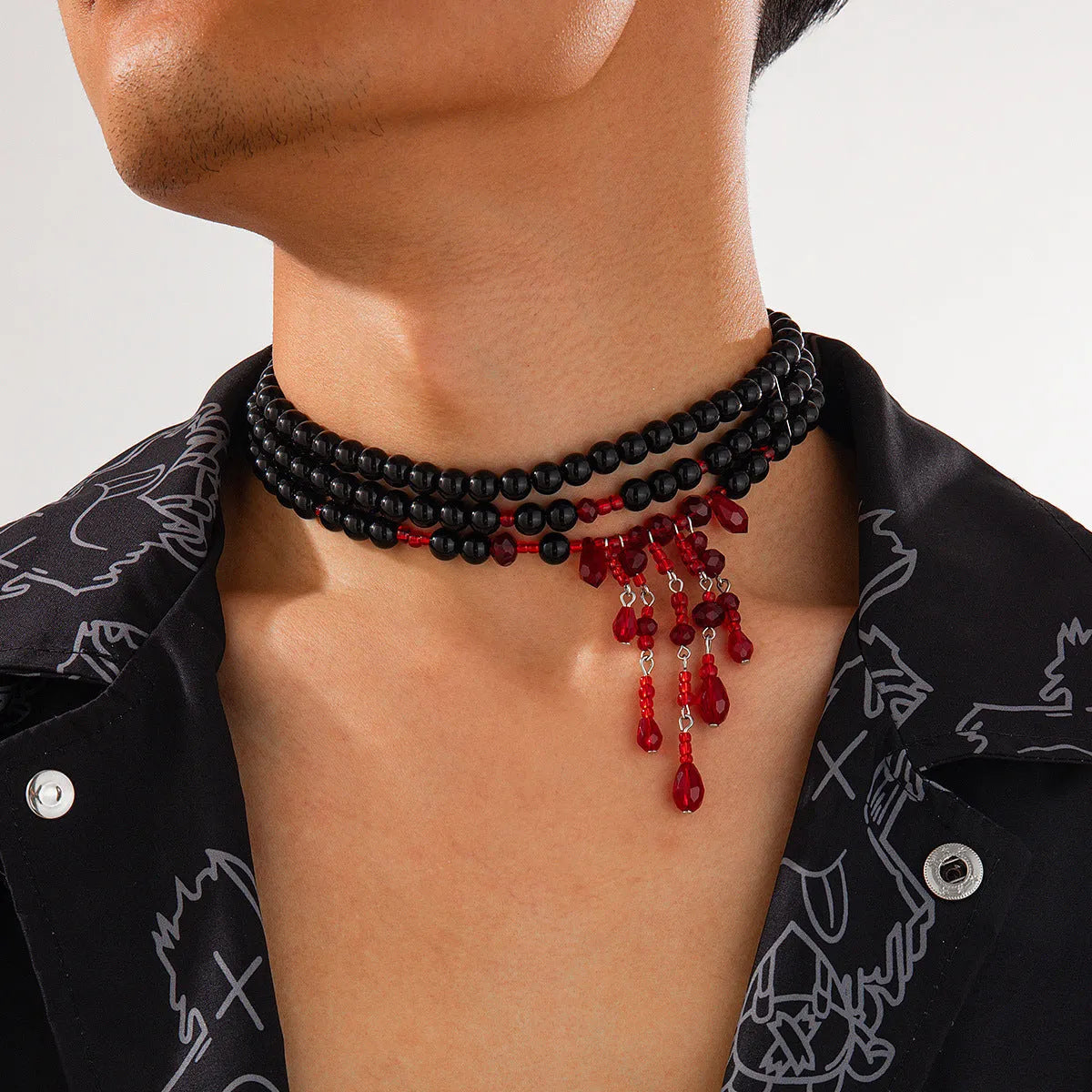 Halloween blood drop tassel necklace with geometric crystal pendant and pearl decoration on adjustable chain