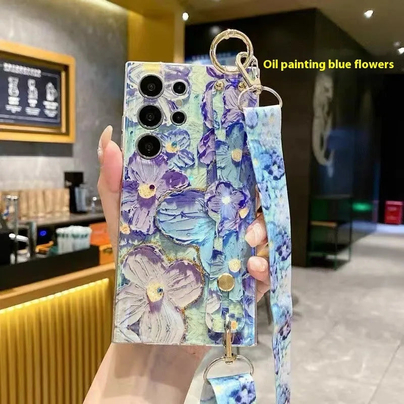 Oil painting flower phone case with rhinestone wristband lanyard for Samsung, blue purple flower design