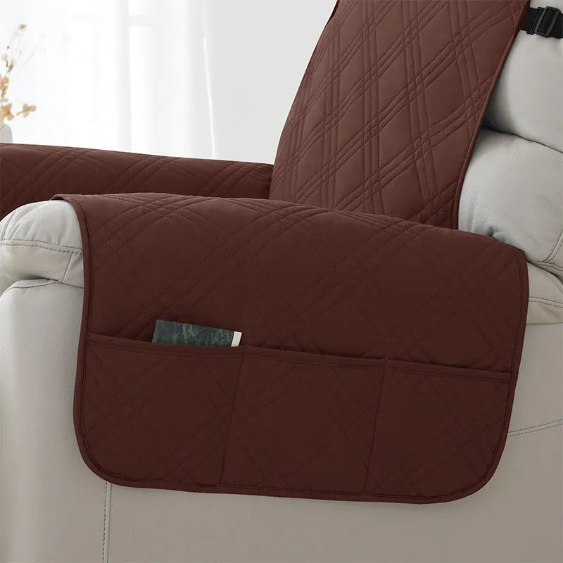 Quilted burgundy waterproof sofa cover fitted on a Chivas single-seat massage chair.