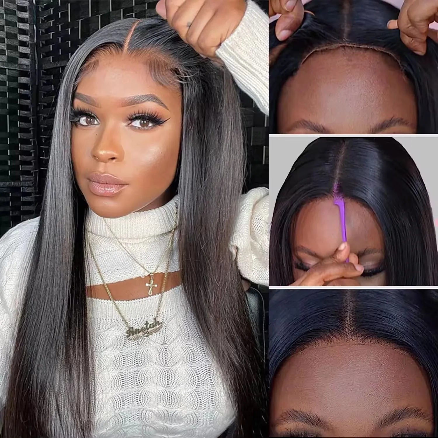 Glueless straight human hair wig with side bangs shown in natural style on a model.