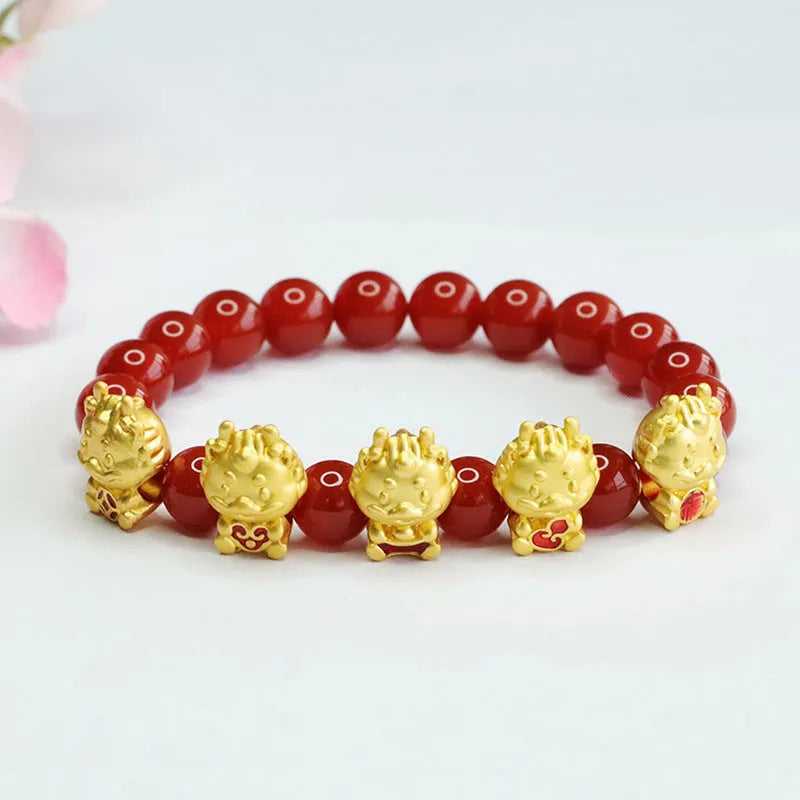 Natural red agate Five Blessing Dragon bracelet with 8mm beads, Chinese style spiritual accessory