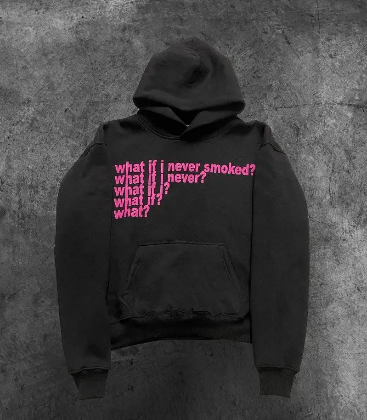 Black hooded pullover sweatshirt with white letter print pattern on the front.
