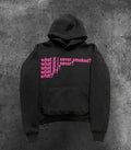 Black hooded pullover sweatshirt with white letter print pattern on the front.