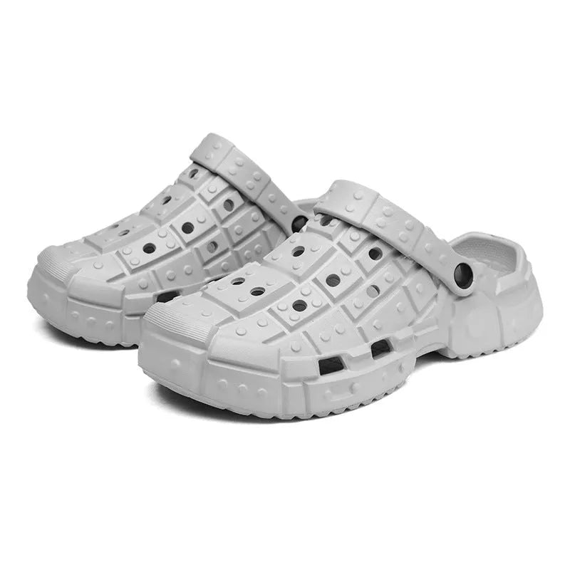 Men's sand-coloured EVA slippers with a thick sole and toe holder design on a plain background