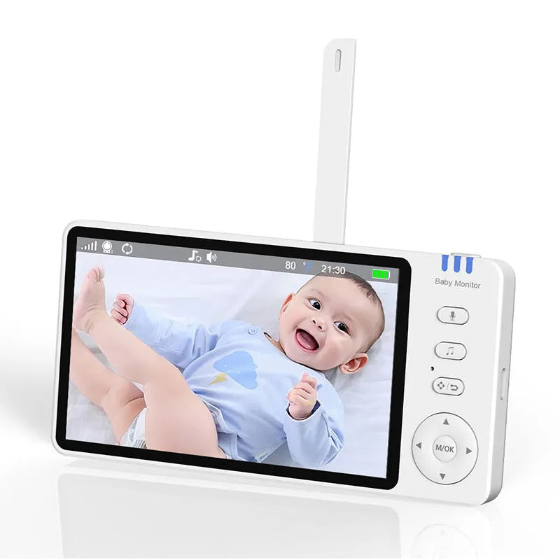 White wireless baby monitor with 5-inch HD screen on a nursery shelf