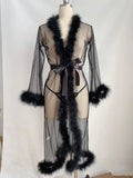 Women's long robe underwear set with matching top in black, pink, red, white for home leisure