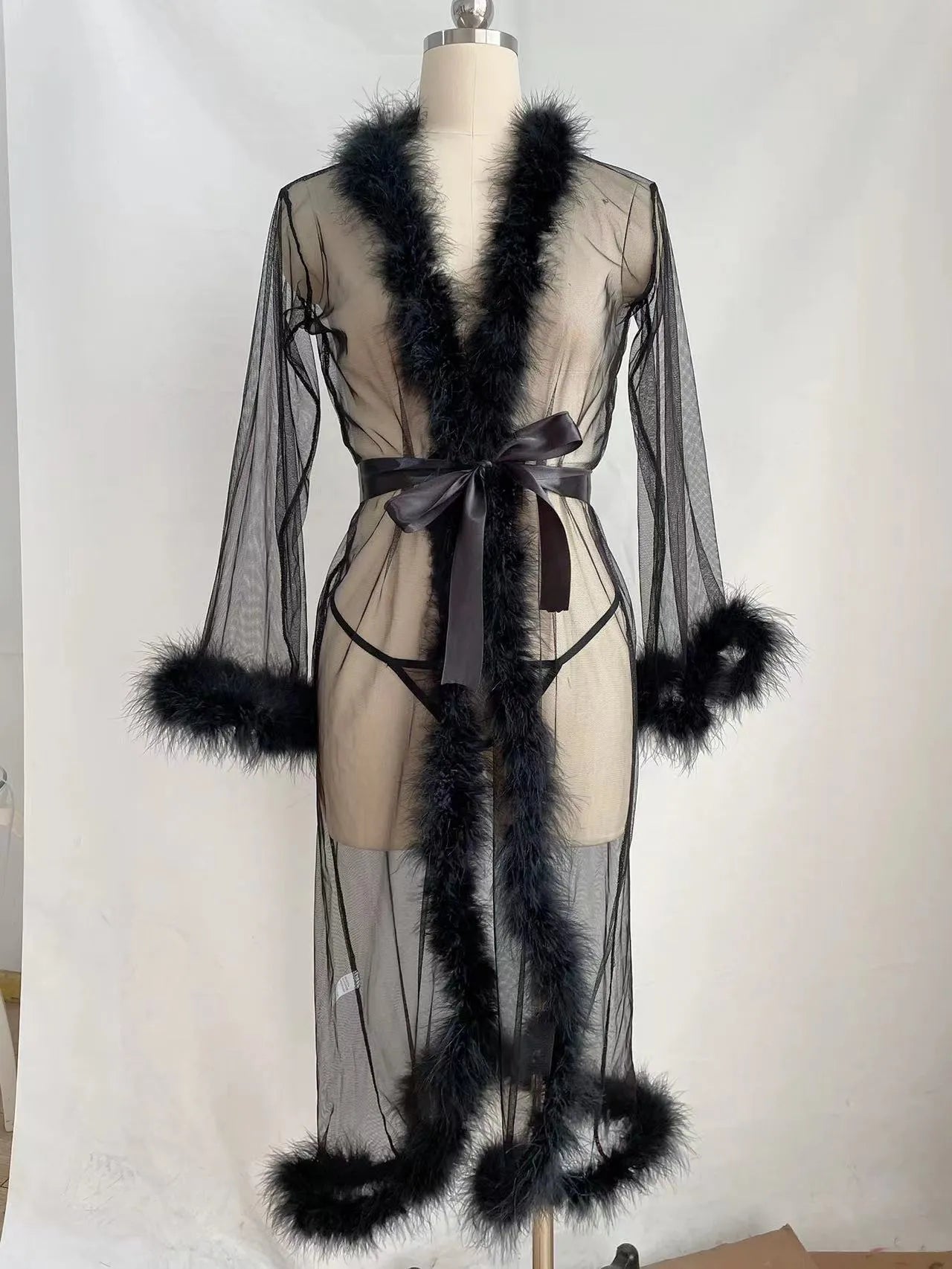 Women's long robe underwear set with matching top in black, pink, red, white for home leisure