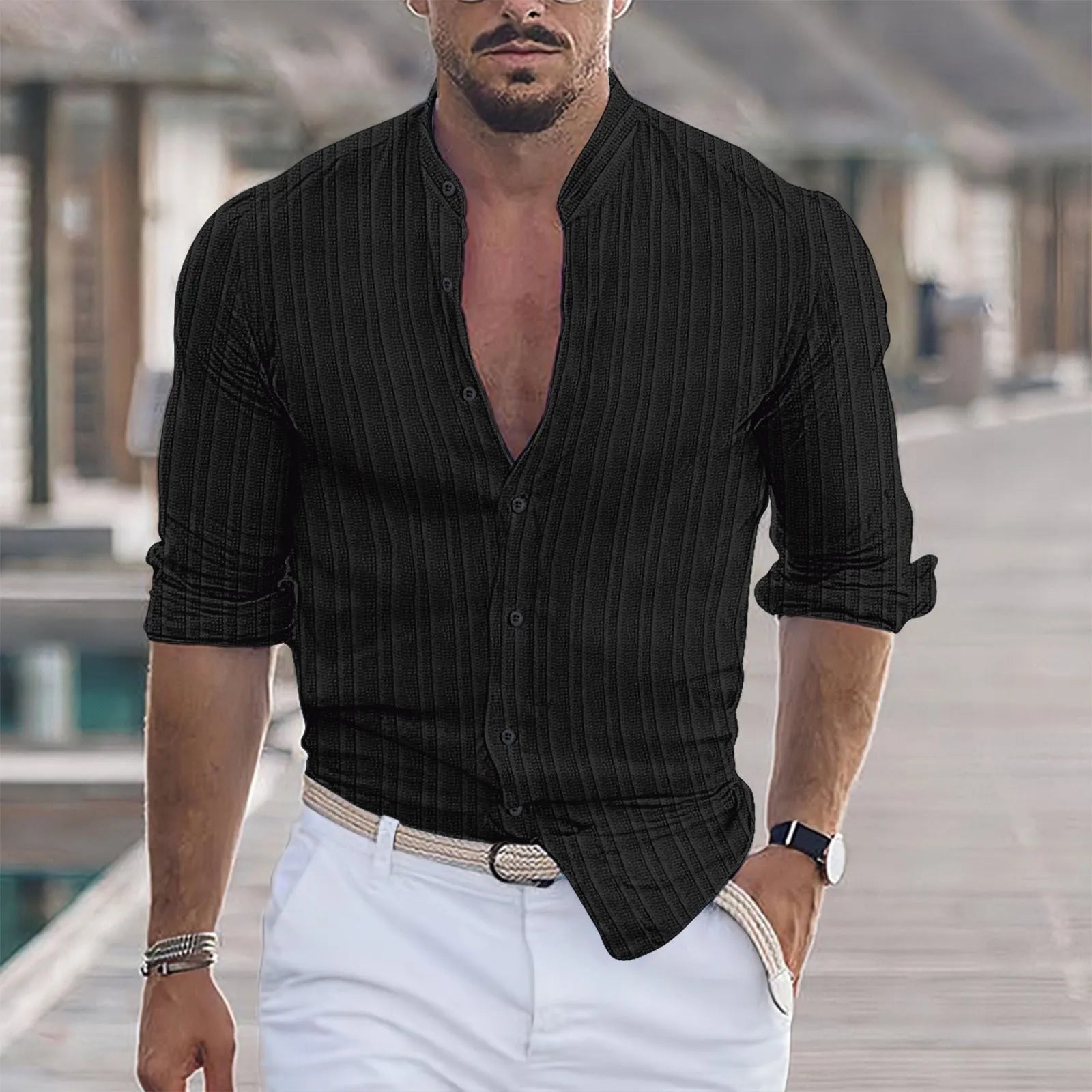 Men's striped cardigan shirt in loose fit with long sleeves, white stripe pattern on brown background