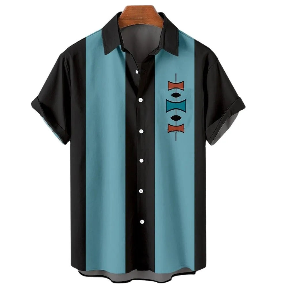 Man wearing a striped short sleeve Hawaiian shirt with button front.
