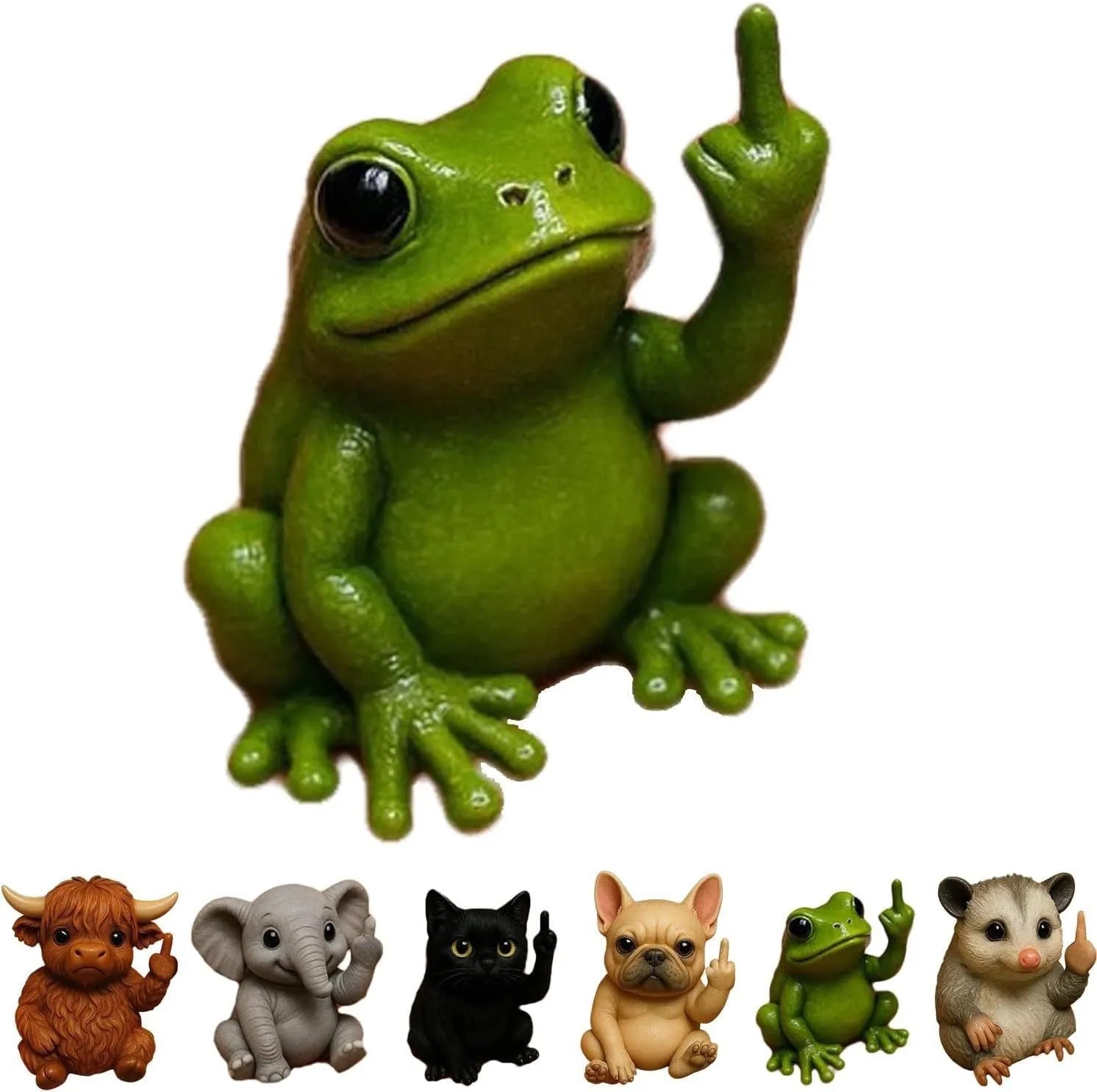 Mini animal-themed vertical middle finger doll ornament in resin and plastic on a desk.