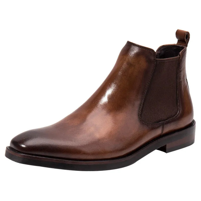 Men's brown cowhide business shoes with rubber sole and 3-5cm mid heel, English style, sizes 37-46