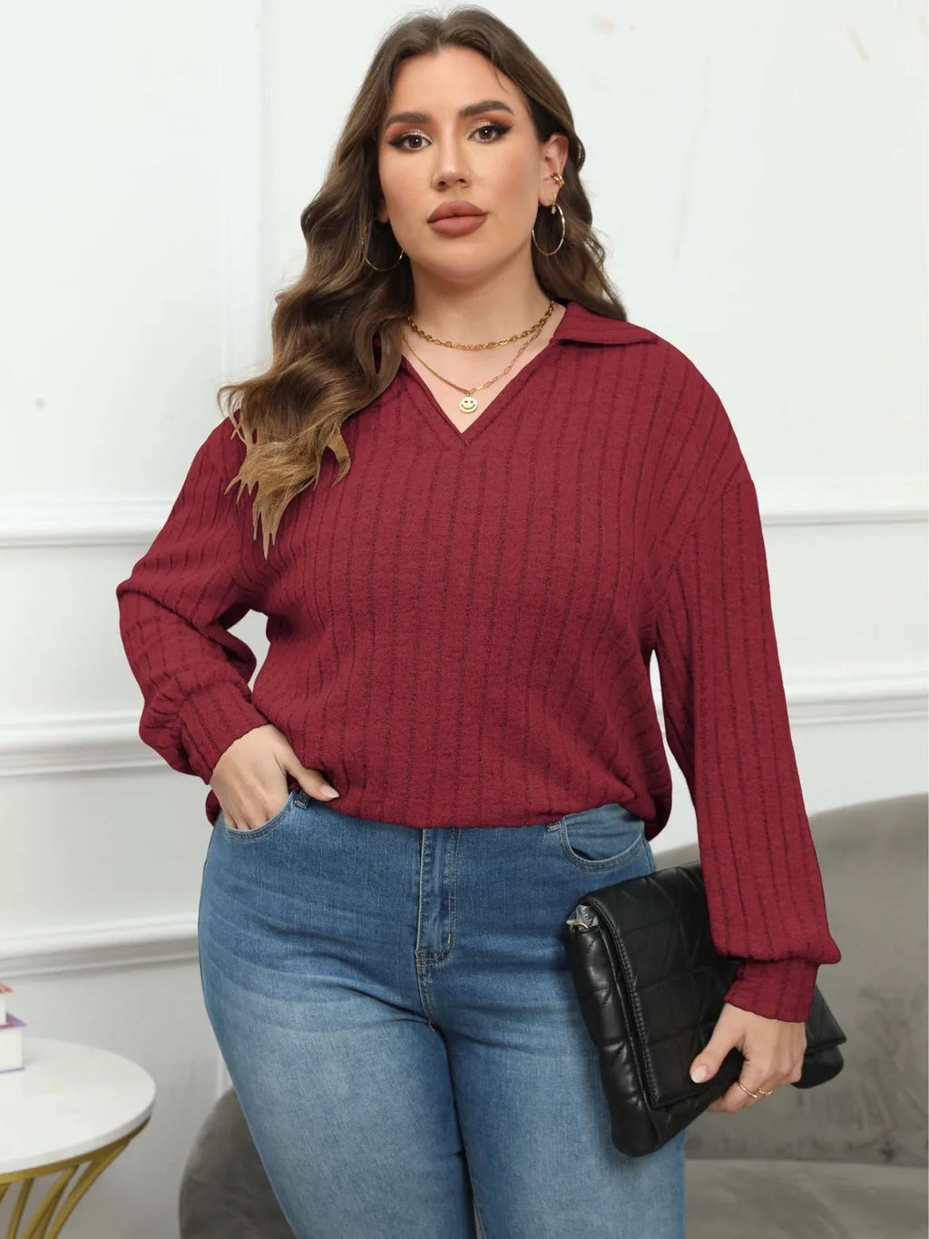Women's plus size polo collar bottoming shirt in melange gray velvet dyed polar fleece with lantern sleeves