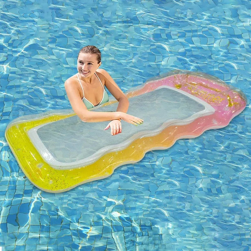 PVC thick sequins wave inflatable floating row with mesh deck chair in gradient colours
