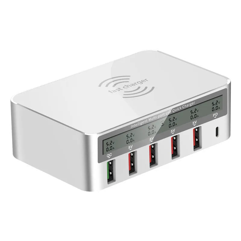 QC30 6-port USB desktop charger with LED display showing British, European and American plug versions