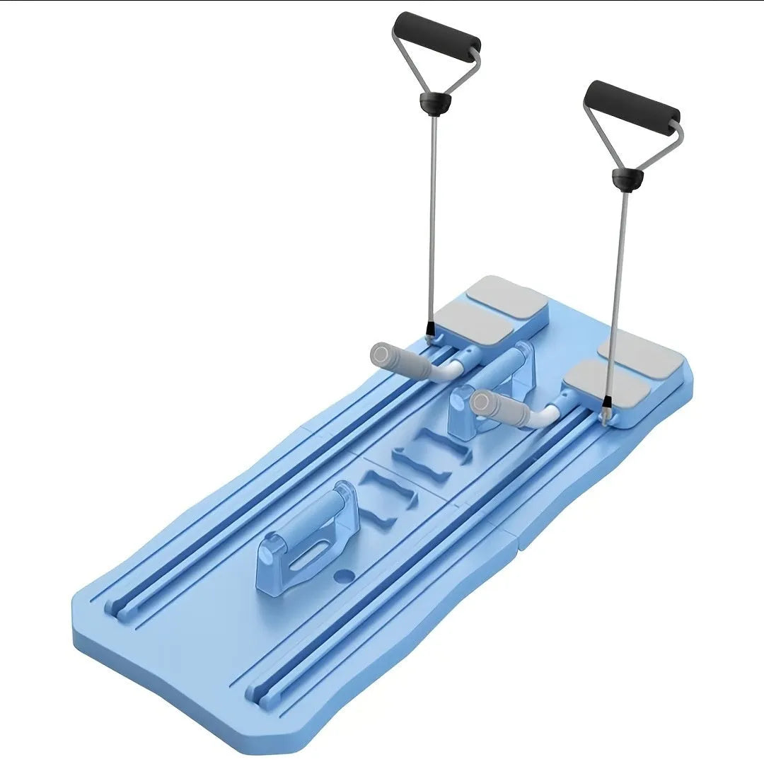 Blue and pink multifunctional ABS supine board with wheel for home ab exercises.
