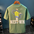Green men's loose fit t-shirt with literary youth print on front, short sleeves