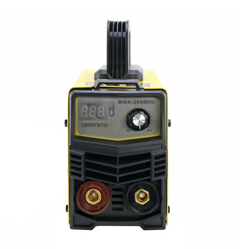 MMA-200MIN compact DC inverter welding machine with red housing, welding tongs, ground clamp, and face shield on a workbench.