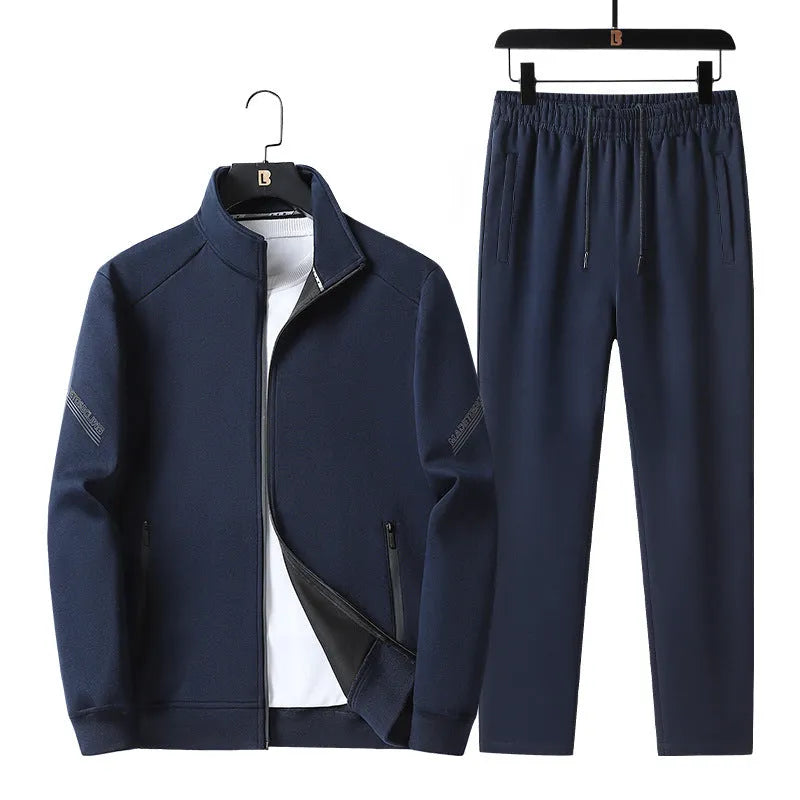 Men's plus size knitted cotton sports suit in black with long-sleeve jacket and trousers for outdoor spring autumn leisure