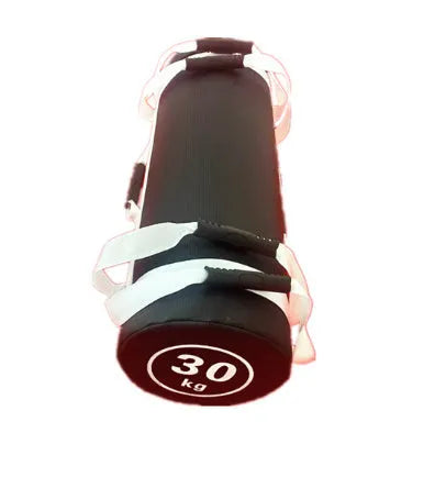 White PVC fitness sandbag for weight training, shown with weight options from 5 to 30 kilograms.